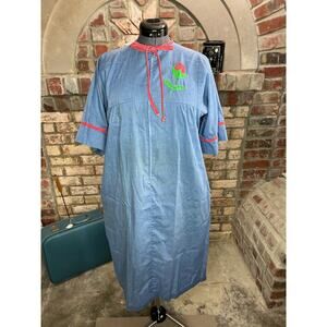 house dress duster Applique flower zip front blue red green rose cottagecore